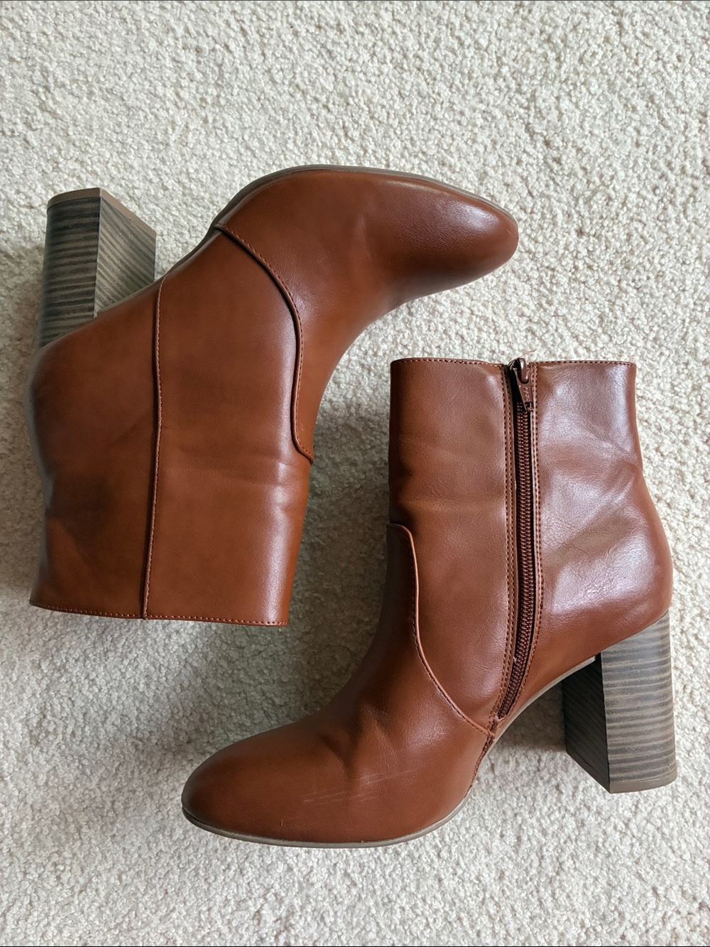 Brown Faux Leather Block Heel Ankle Boots